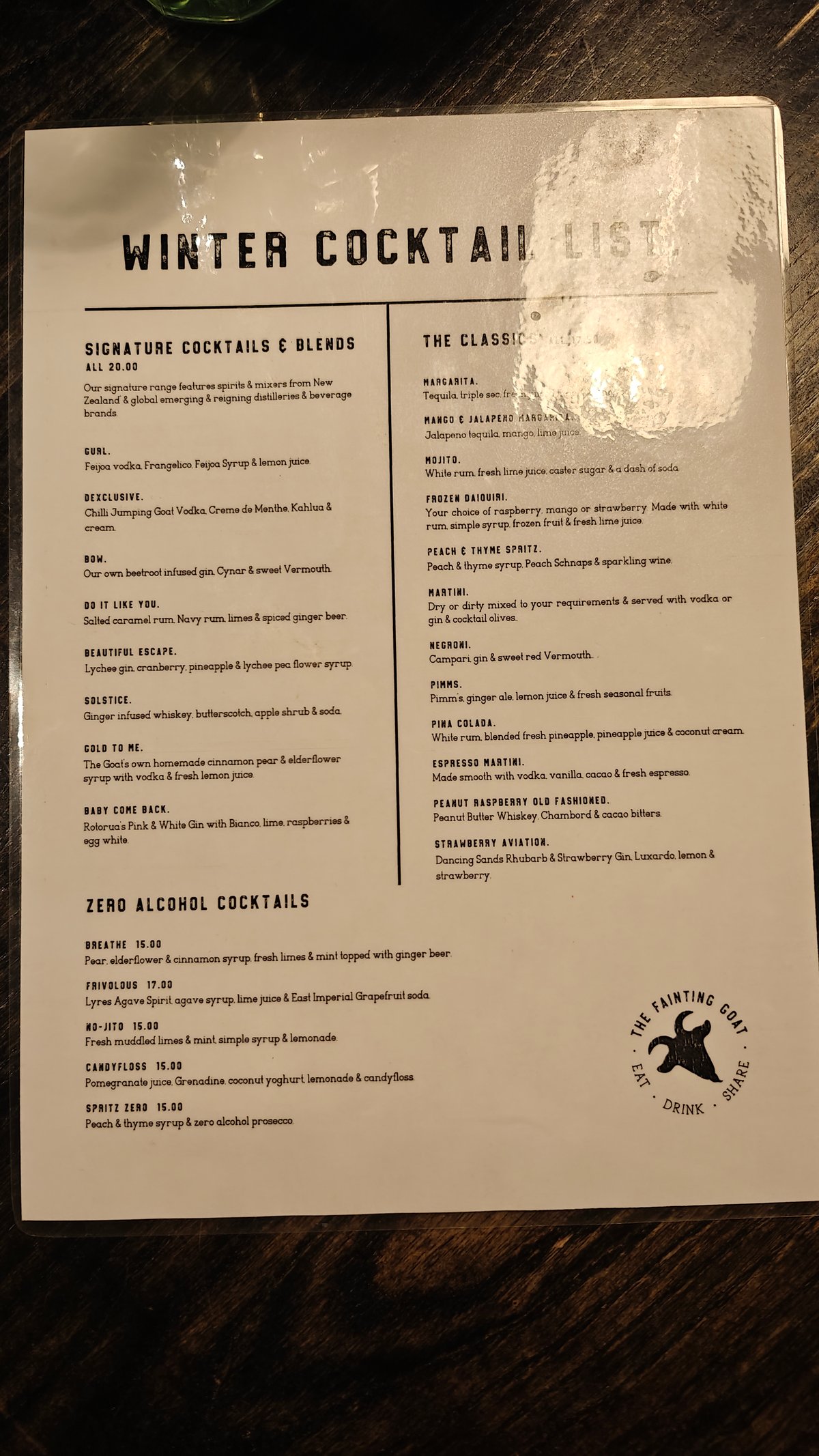 Winter cocktail list on the table