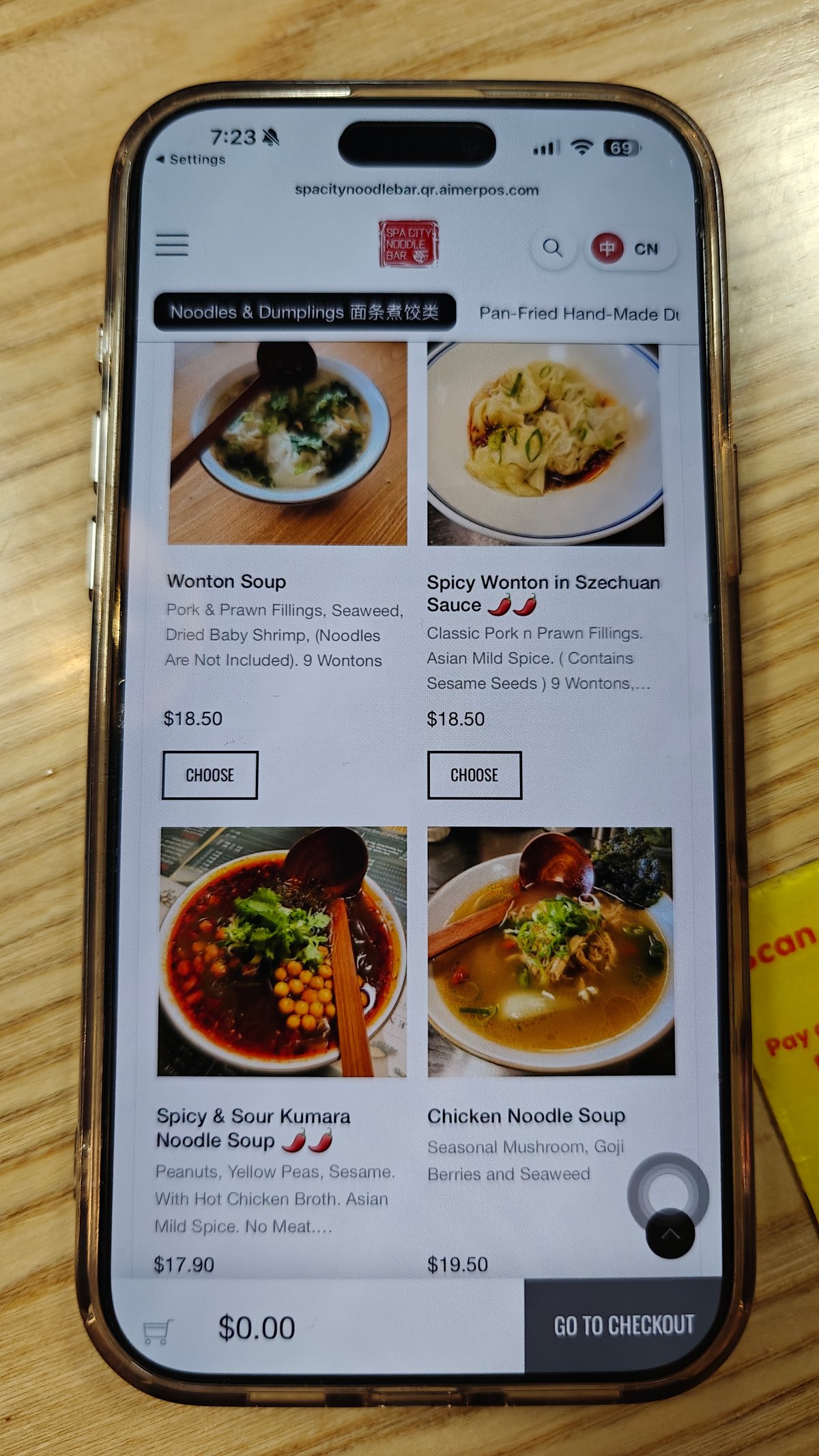 Wonton soup, spicy wonton in Szechuan sauce, spicy